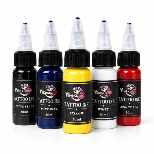 Yikexuanli 30ml tattoo ink 5 color set with lining black, dark blue, yellow, white, and bright red for tattoo color work, linework practice, and studio use