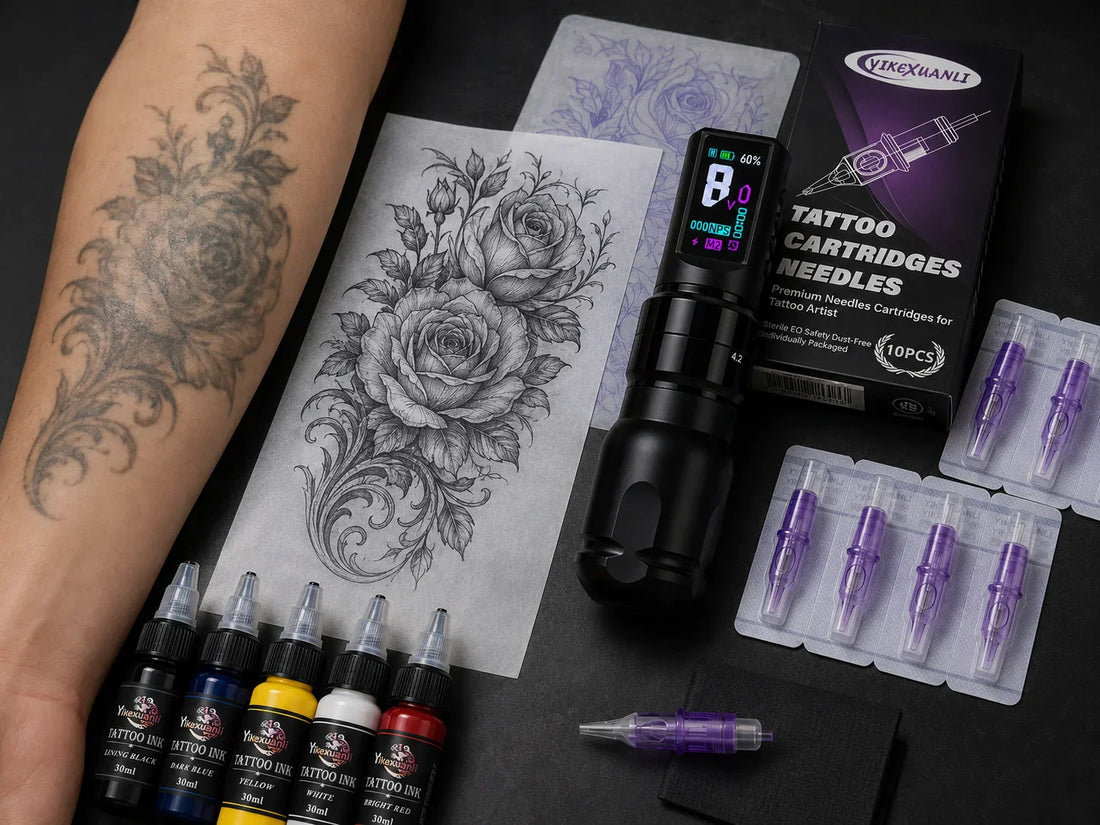 Tattoo cover up planning with a tattoo machine, cartridge needles and a new design overlay