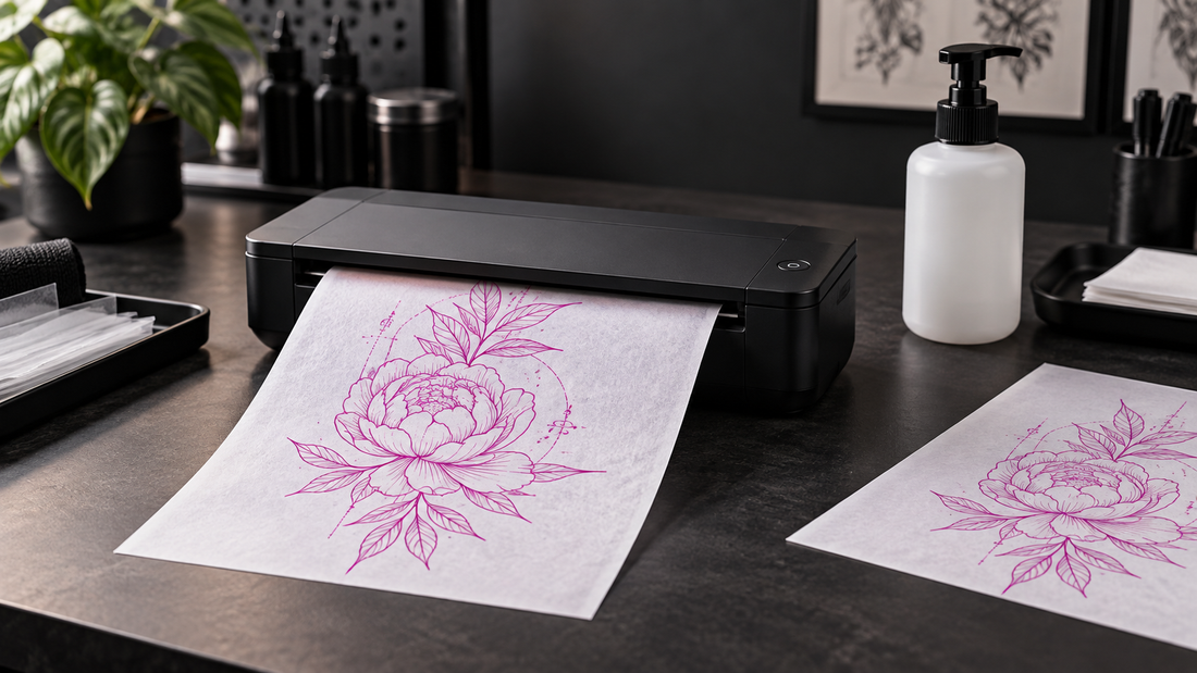 Magenta tattoo stencil printing from a wireless thermal stencil printer