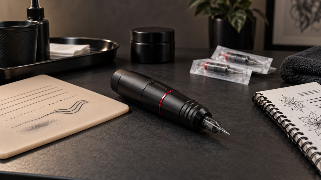 Wireless tattoo pen beside silicone practice skin and linework exercises