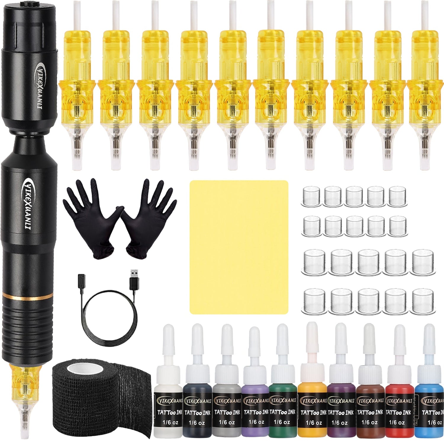Beginner tattoo kit with wireless tattoo pen, cartridge needles, practice ink, ink cups, gloves, grip bandage, and practice skin