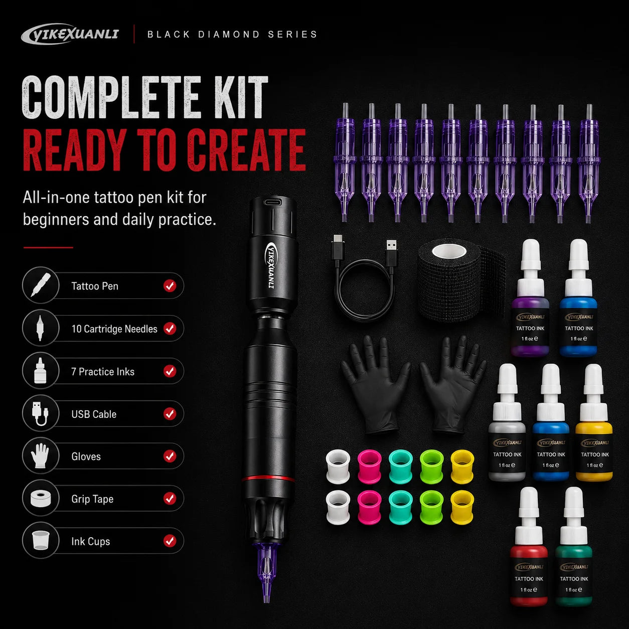 Black Diamond Beginner Tattoo Kit complete kit feature image showing wireless tattoo pen, cartridge needles, practice inks, gloves, ink cups, grip tape, and USB cable