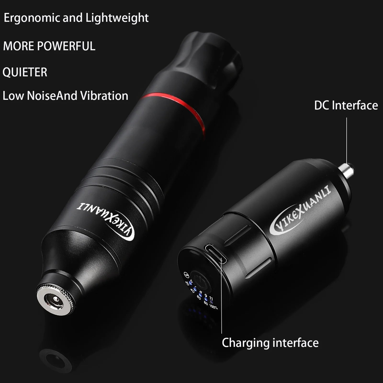 Black Diamond Beginner Tattoo Kit wireless tattoo pen detail image showing ergonomic lightweight design, low noise, low vibration, DC interface, and charging port.