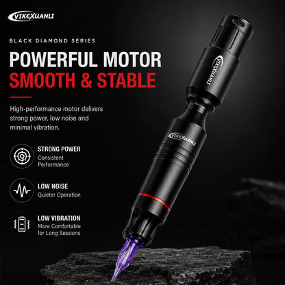 Black Diamond Beginner Tattoo Kit wireless tattoo pen feature image showing powerful motor, smooth operation, low noise, and low vibration