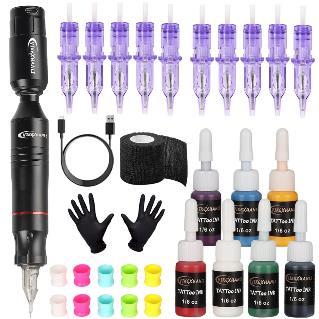 Black Diamond Beginner Tattoo Kit with wireless tattoo pen, 10 cartridge needles, 7 practice ink bottles, ink cups, gloves, grip tape, and Type-C charging cable