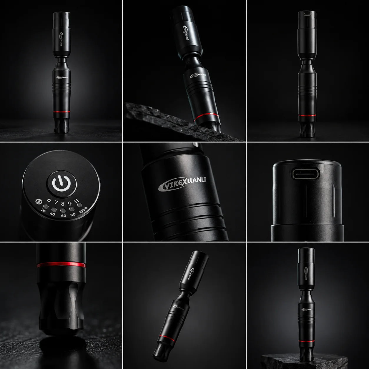 Black Diamond Beginner Tattoo Kit wireless tattoo pen detail collage showing multiple angles, power button, Type-C charging port, grip design, and Yikexuanli logo