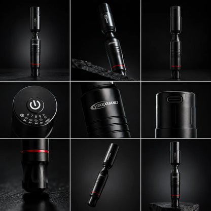 Black Diamond Beginner Tattoo Kit wireless tattoo pen detail collage showing multiple angles, power button, Type-C charging port, grip design, and Yikexuanli logo