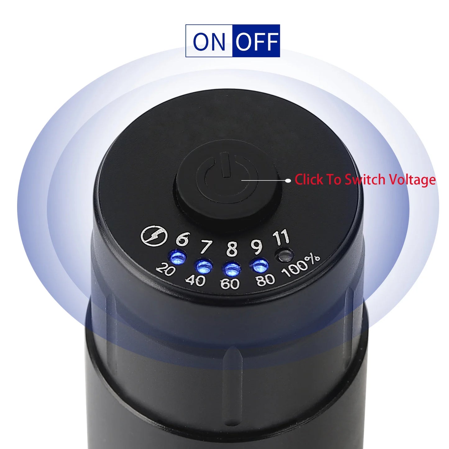 Black Diamond wireless tattoo pen power button detail showing ON/OFF control, voltage switching, battery indicator, and Type-C charging port