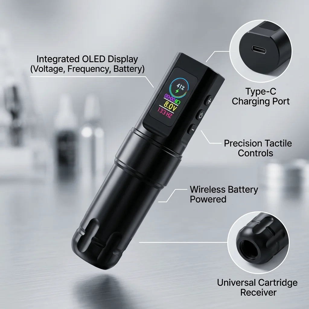 Yikexuanli T3 wireless tattoo pen feature callout showing digital display, Type-C charging port, side controls, wireless battery power, and cartridge receiver