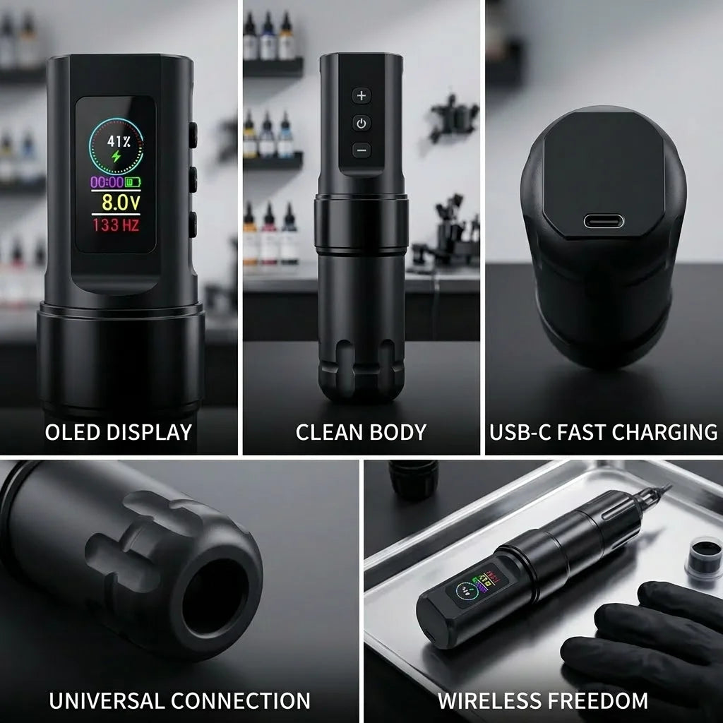 Yikexuanli T3 wireless tattoo pen feature details showing OLED display, clean body, USB-C fast charging, universal cartridge connection, and wireless use