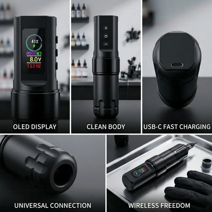 Yikexuanli T3 wireless tattoo pen feature details showing OLED display, clean body, USB-C fast charging, universal cartridge connection, and wireless use