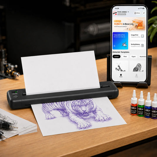 Wireless tattoo stencil printer connected to a smartphone app, printing a purple tiger design on A4 tattoo transfer paper.