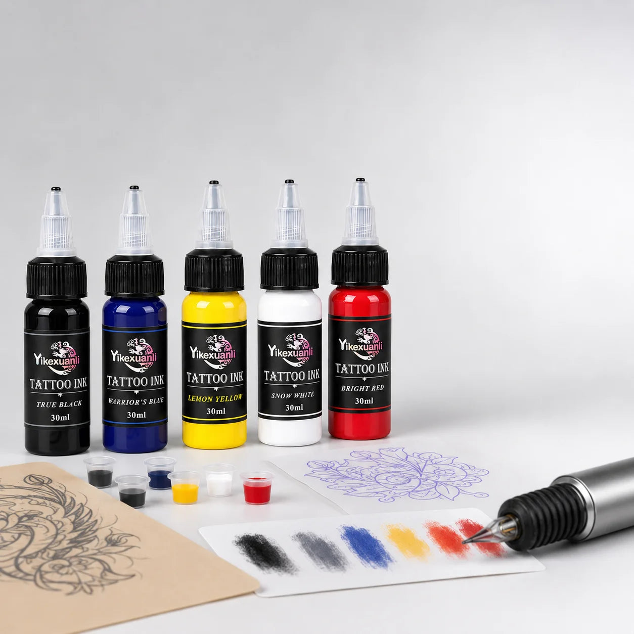 Yikexuanli 5-color 30ml tattoo ink set with black, blue, yellow, white, and red inks for tattoo color work, blending practice, stencil designs, and studio use