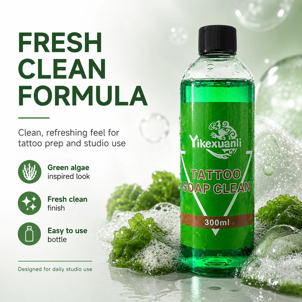 Yikexuanli 300ml green algae tattoo cleaning solution with fresh clean formula for tattoo prep, daily studio use, and removing excess ink during tattoo work