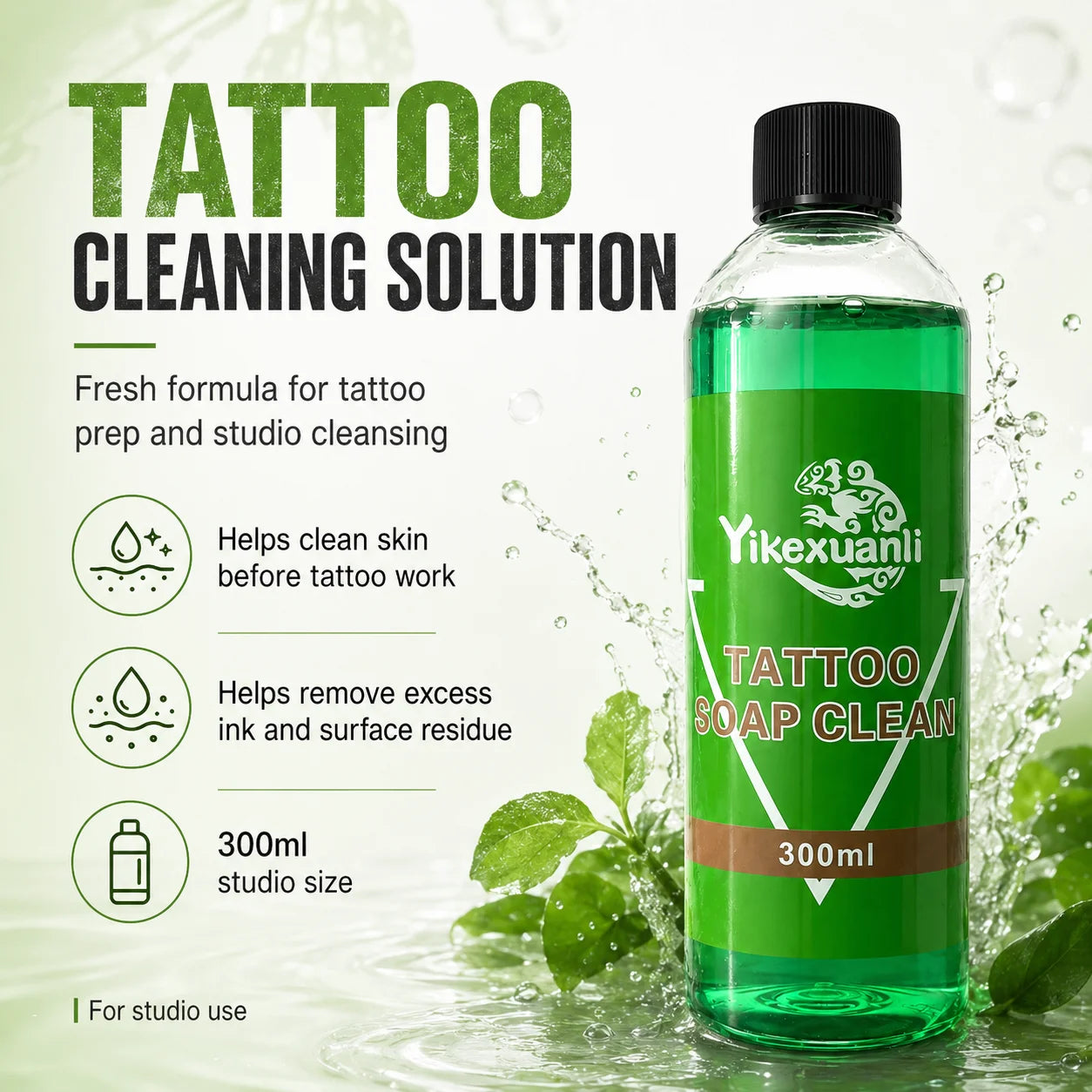 Yikexuanli 300ml green algae tattoo cleaning solution with fresh formula for tattoo prep, studio cleansing, and removing excess ink during tattoo work