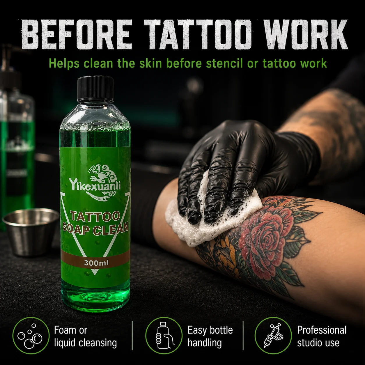 Yikexuanli green algae tattoo cleaning solution for cleaning skin before tattoo work, stencil prep, and removing excess ink in professional studio use