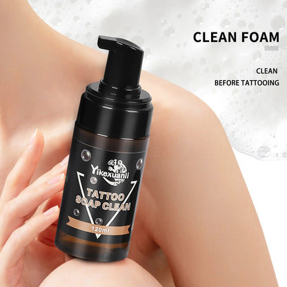 Yikexuanli 120ml tattoo cleansing foam for cleaning skin before tattooing, soft foam texture, and easy pump application