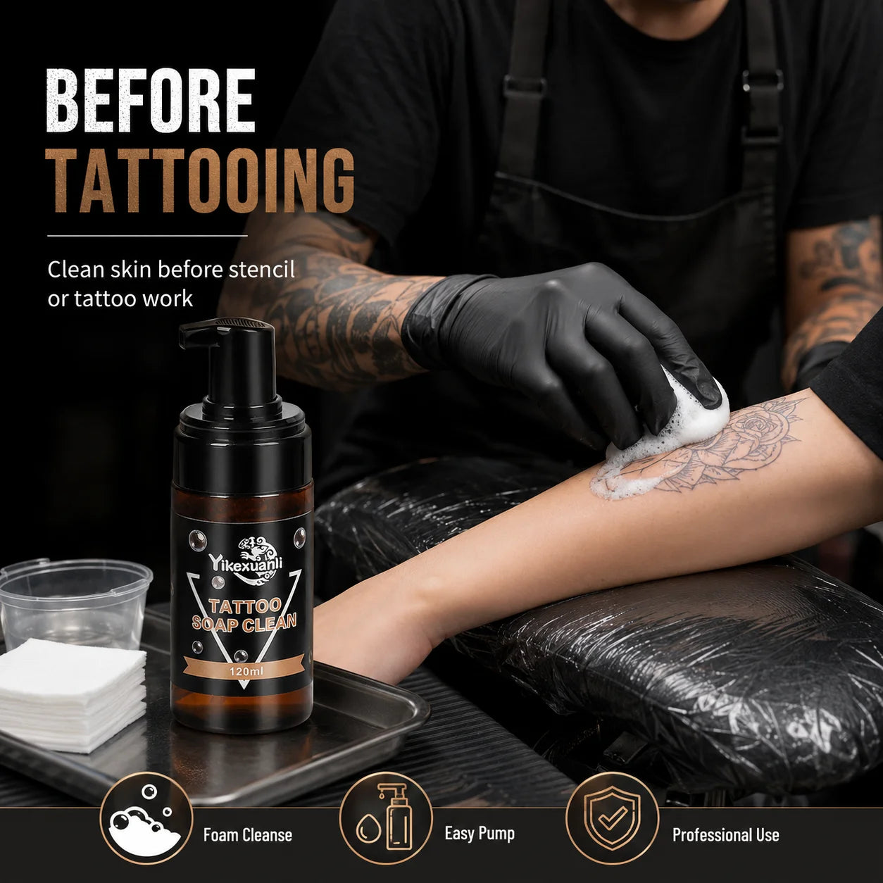 Yikexuanli 120ml tattoo cleansing foam used before tattooing to clean skin for stencil preparation with easy pump design