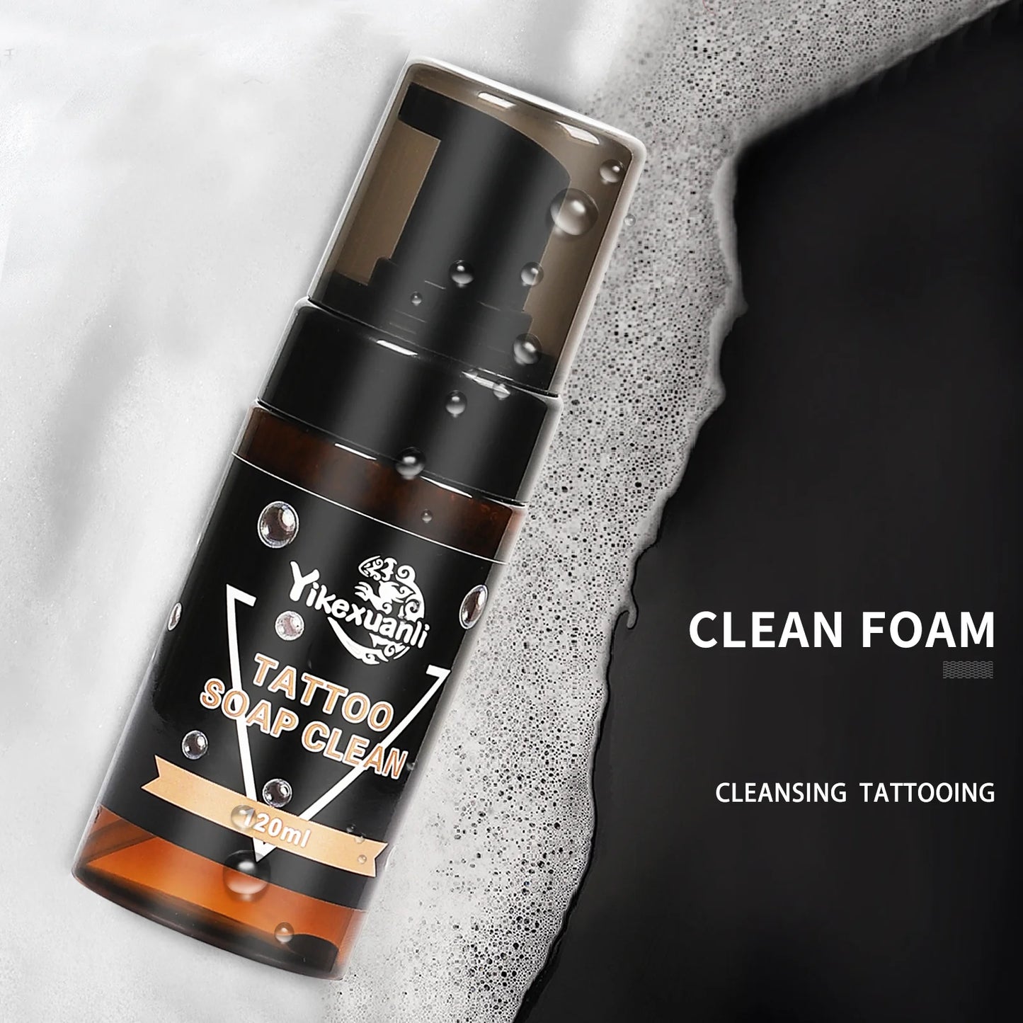 Yikexuanli 120ml tattoo cleansing foam with clean foam texture for tattoo area cleaning, pre-tattoo prep, and easy pump use