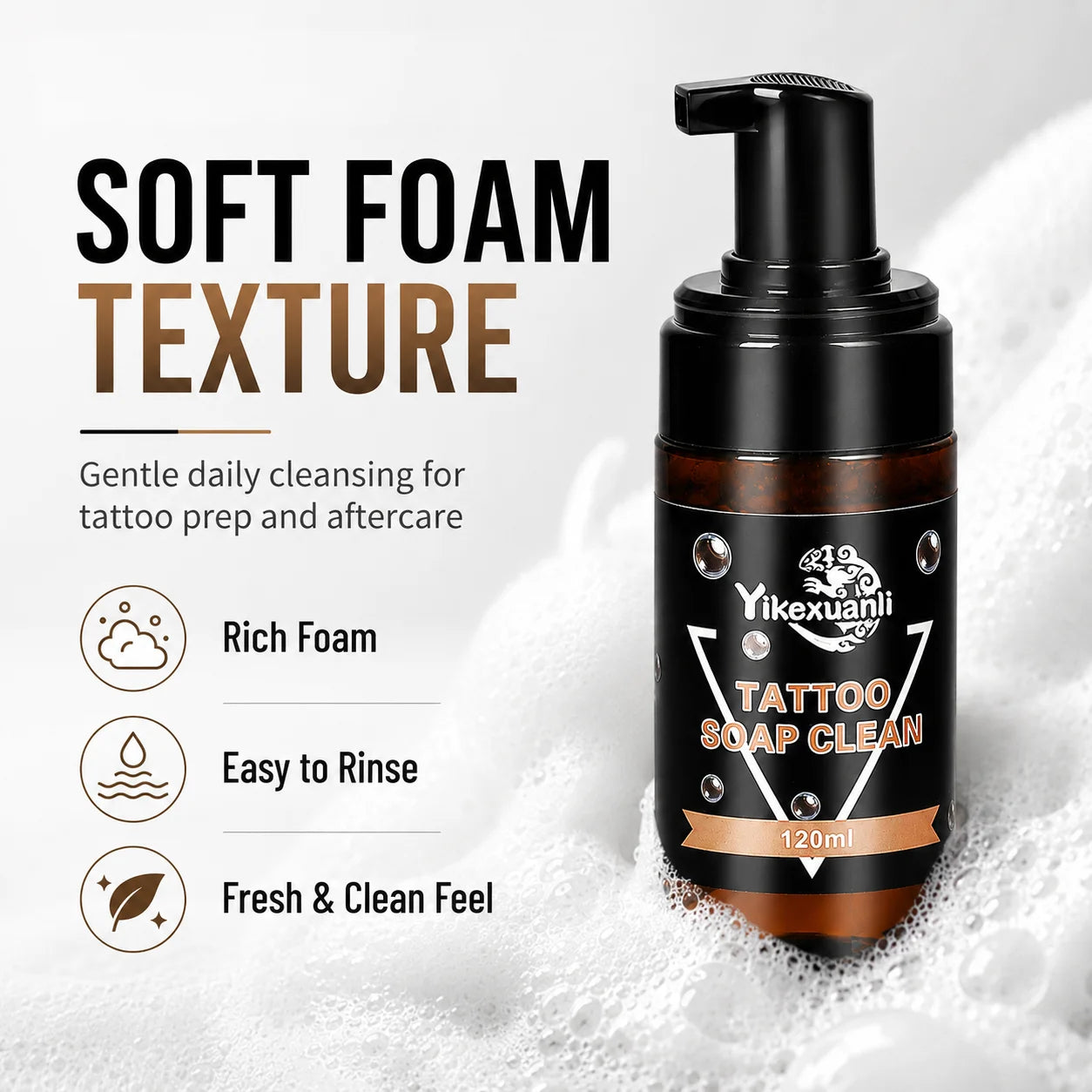 Yikexuanli 120ml tattoo cleansing foam with soft foam texture for tattoo prep, tattoo area cleaning, easy rinsing, and fresh clean feel