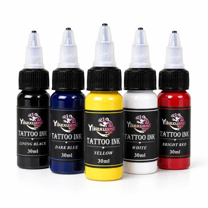 Yikexuanli 30ml tattoo ink 5 color set with lining black, dark blue, yellow, white, and bright red for tattoo color work, linework practice, and studio use