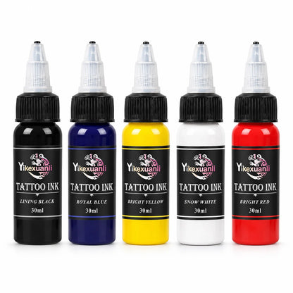 Yikexuanli 30ml tattoo ink 5 color set with lining black, royal blue, bright yellow, snow white, and bright red for tattoo color work and practice