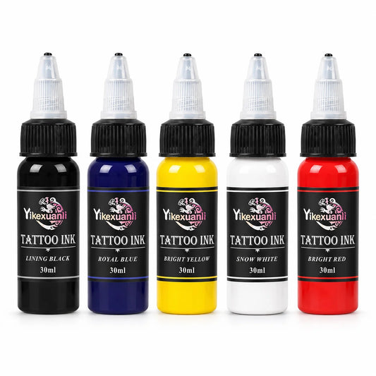 Yikexuanli 30ml tattoo ink 5 color set with lining black, royal blue, bright yellow, snow white, and bright red for tattoo color work and practice