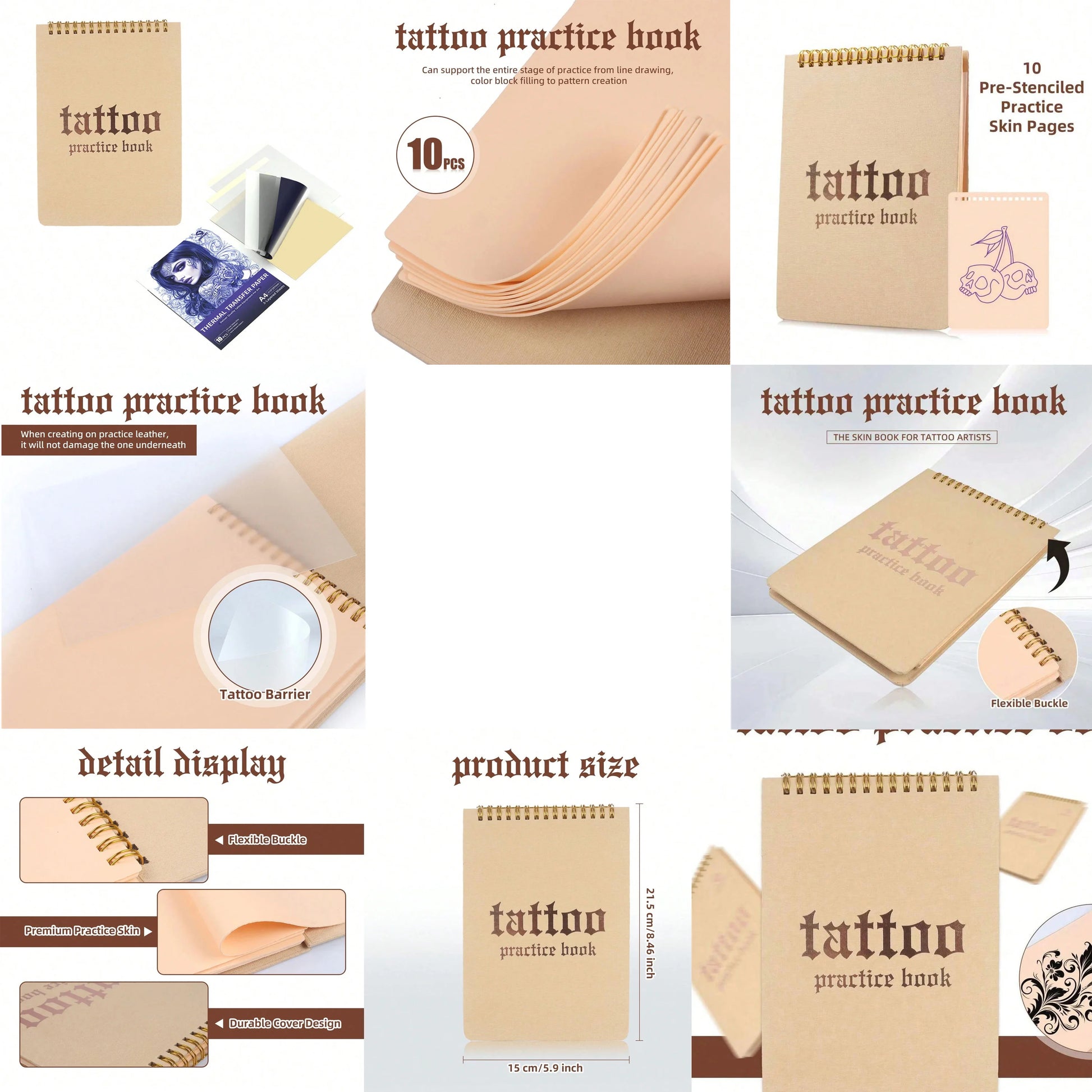 Yikexuanli tattoo practice book with fake skin sheets, barrier layer, and detail display for beginner tattoo training and stencil practice