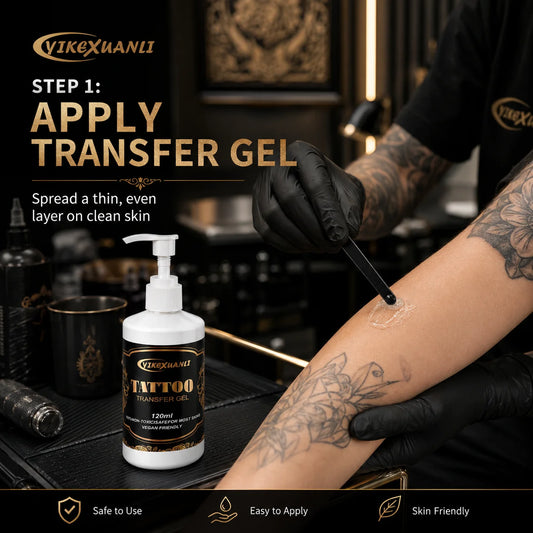 Yikexuanli Tattoo Transfer Gel 120ml application step showing a tattoo artist applying a thin even layer of transfer gel on clean skin