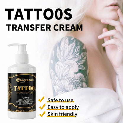 Yikexuanli Tattoo Transfer Gel 120ml lifestyle feature image shown with tattoo artwork and pump bottle
