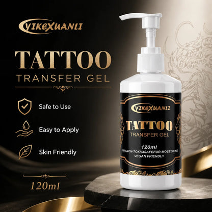Yikexuanli Tattoo Transfer Gel 120ml premium feature image with pump bottle, easy application, stencil transfer use, and professional tattoo studio style