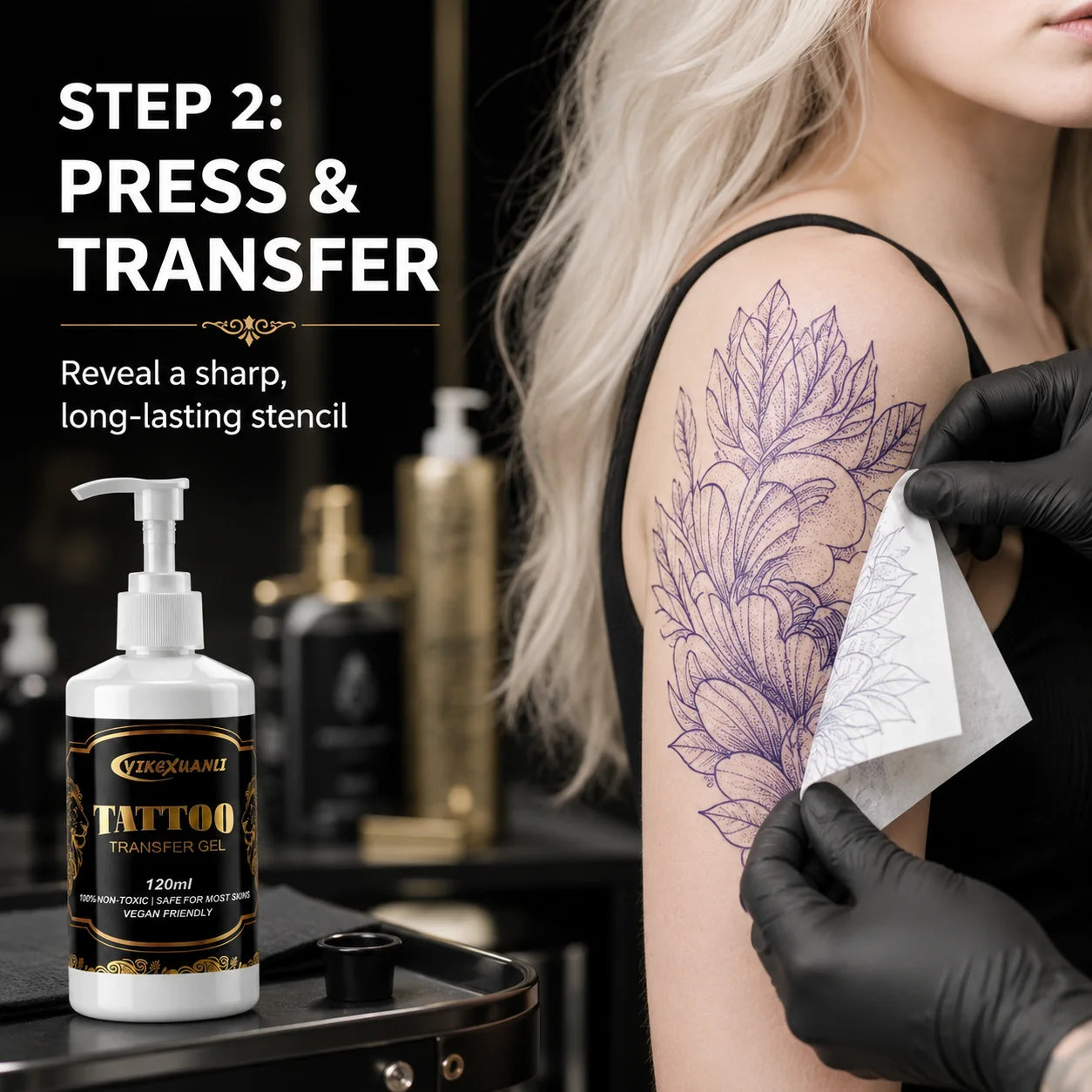 Yikexuanli Tattoo Transfer Gel 120ml step two image showing stencil paper being pressed and transferred onto skin before tattooing