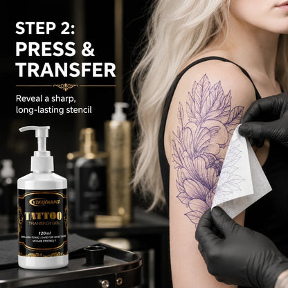Yikexuanli Tattoo Transfer Gel 120ml step two image showing stencil paper being pressed and transferred onto skin before tattooing