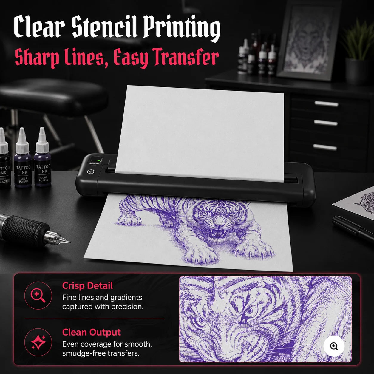Yikexuanli Tattoo Transfer Pro Kit wireless tattoo stencil printer for clear stencil printing, sharp tattoo transfer lines, thermal paper output, and studio stencil prep