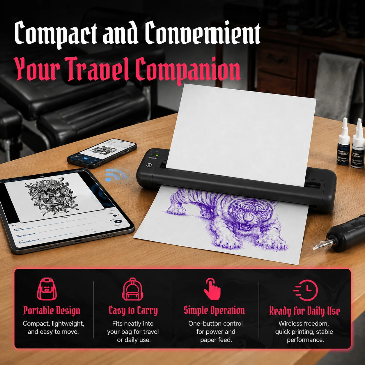 Yikexuanli Tattoo Transfer Pro Kit compact wireless tattoo stencil printer for portable tattoo transfer designs, thermal paper printing, travel use, and studio stencil prep