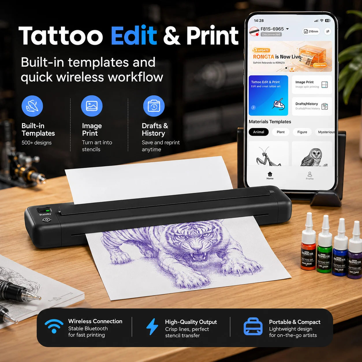 Yikexuanli Tattoo Transfer Pro Kit wireless tattoo stencil printer with app edit and print workflow for tattoo transfer designs, thermal paper printing, and studio stencil prep