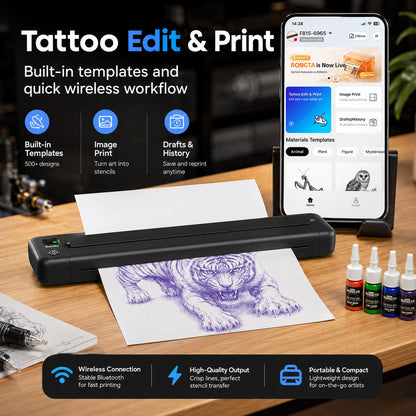 Yikexuanli Tattoo Transfer Pro Kit wireless tattoo stencil printer with app edit and print workflow for tattoo transfer designs, thermal paper printing, and studio stencil prep