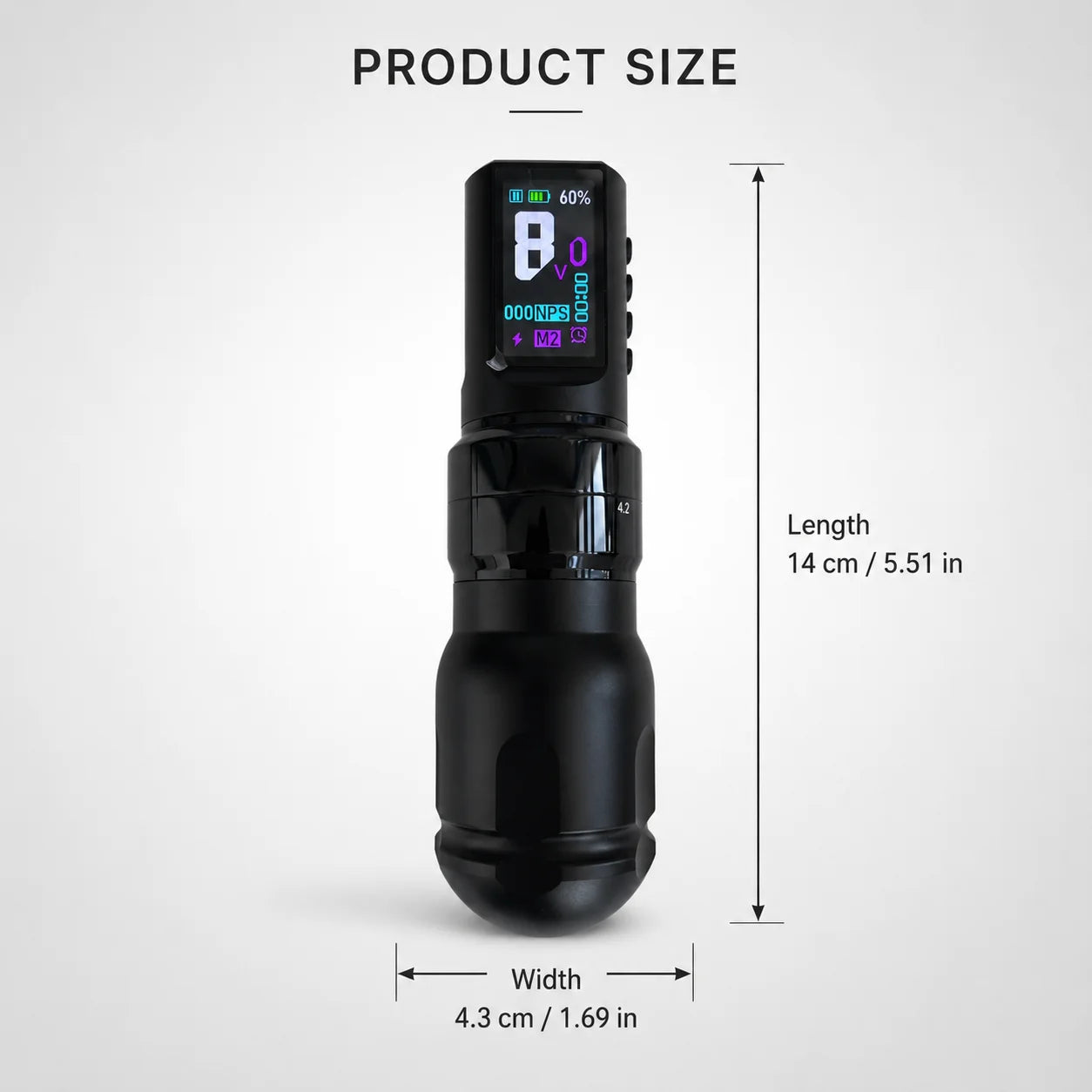 Yikexuanli V1 wireless tattoo pen product size showing 14 cm length and 4.3 cm width