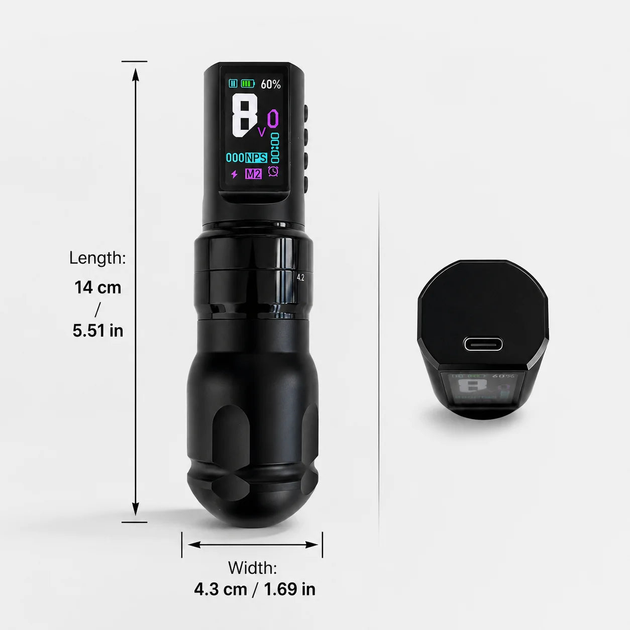 Yikexuanli V1 wireless tattoo pen size overview showing 14 cm length, 4.3 cm width, and Type-C charging port view
