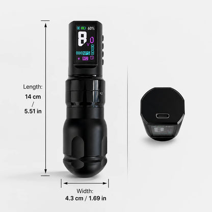 Yikexuanli V1 wireless tattoo pen size overview showing 14 cm length, 4.3 cm width, and Type-C charging port view