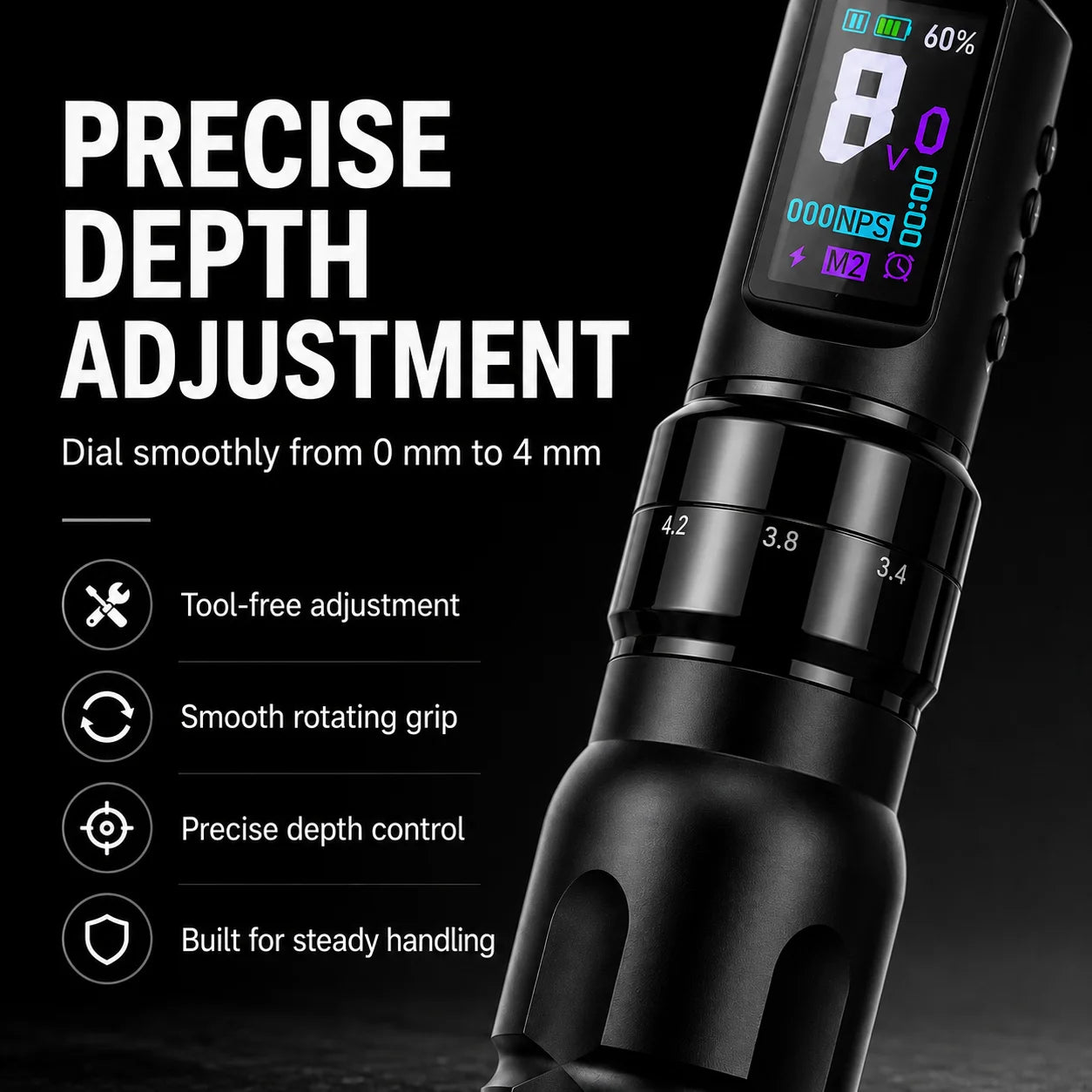 Yikexuanli wireless tattoo pen with precise depth adjustment, smooth rotating grip, and tool-free needle depth control