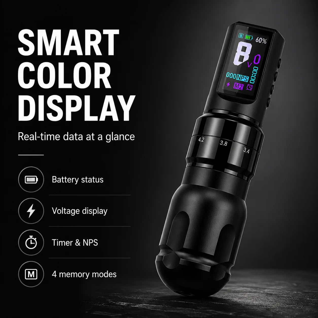 Yikexuanli wireless tattoo pen with smart color display showing battery status, voltage, timer, NPS, and 4 memory modes