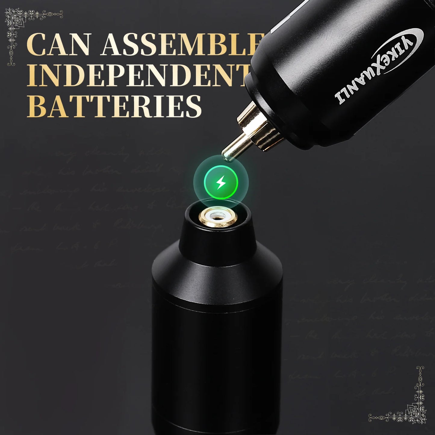 Yikexuanli Yellow Diamond Series tattoo pen close-up showing detachable battery connection detail
