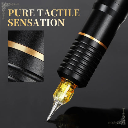 Yikexuanli Yellow Diamond Series tattoo pen close-up showing textured grip, gold accent ring, and yellow cartridge needle detail