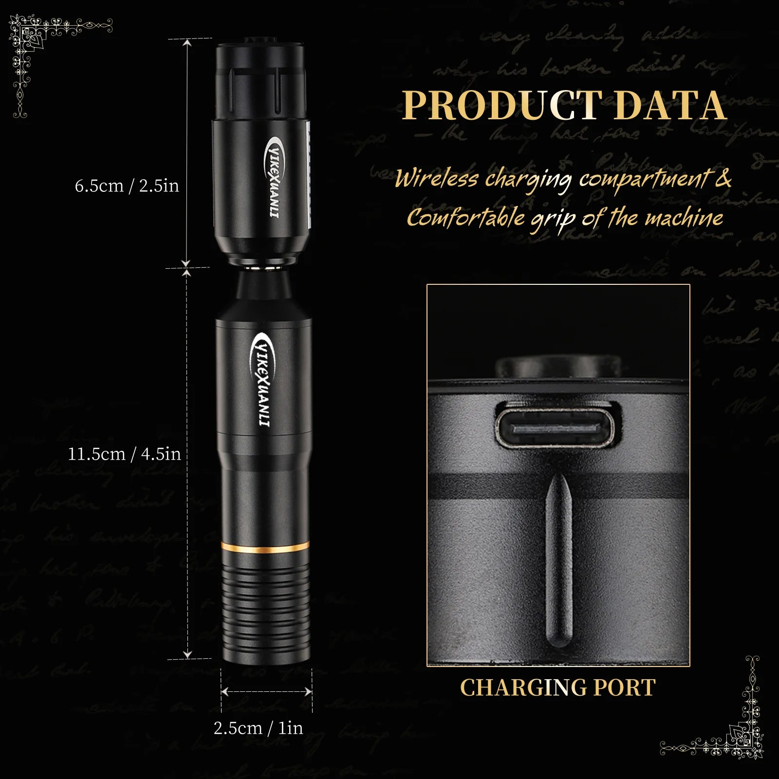 Yikexuanli Yellow Diamond Series tattoo pen set product data image showing size details, charging port, and grip design