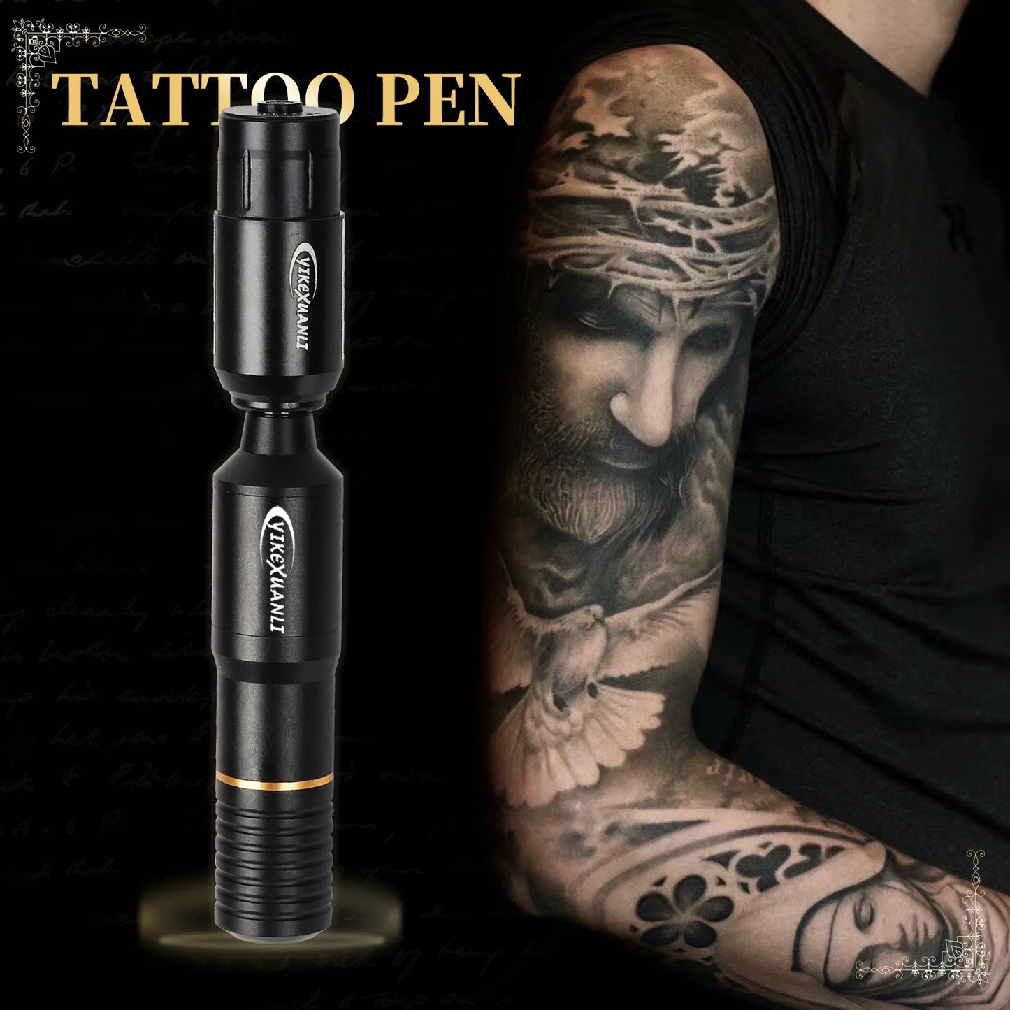 Yikexuanli Yellow Diamond Series tattoo pen set shown with a tattooed arm in a dark studio scene
